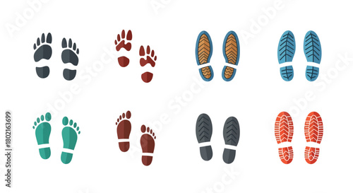 Colorful footprint collection with various styles and patterns on white background