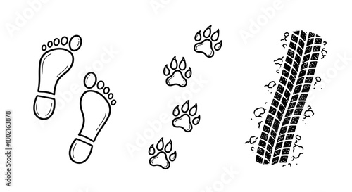 Footprints and tracks: human, animal, tire marks in simple black outline style