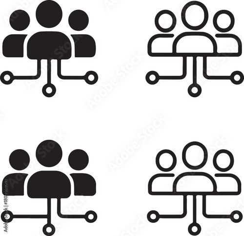 Isolated Group People Circuit Icon Set, solid black group icon, tech team community symbol, clean circuit lines, minimal outline filled thin stroke vector design, smart people icon buyers