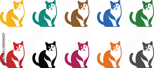 Sitting cat silhouettes in various colors feline set, Multicolor cat icons for pet illustrations