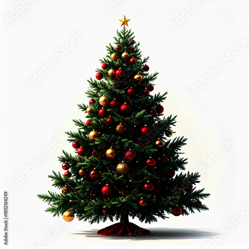 Beautifully decorated evergreen, sparkling with bright red and golden baubles, topped with a luminous star, embodying festive joy and seasonal celebration