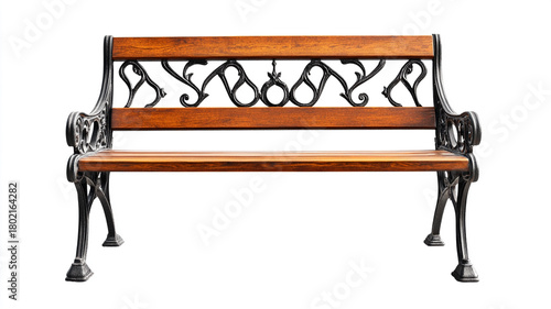 Wooden bench with an iron frame isolated on a white background