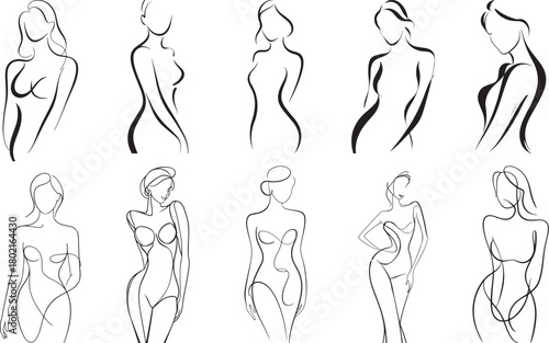 Collection of Minimalist line art of a lady her curvature features hand drawn concept for decoration on white background.