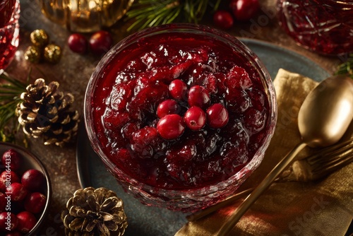 Cranberry sauce in glass bowl, topped with fresh cranberries, surrounded by pinecones, golden ornaments, gold spoon, fork. Concept of festive décor, tart sauce served with meats.