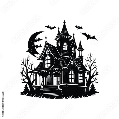 Wallpaper Mural Haunted Halloween House Silhouette with Spooky Trees and Bats Torontodigital.ca