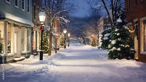 Fototapeta Naklejka Na Ścianę i Meble -  Quaint Small Town Christmas Street Scene Covered In Fresh Snow, Oil Painting Style