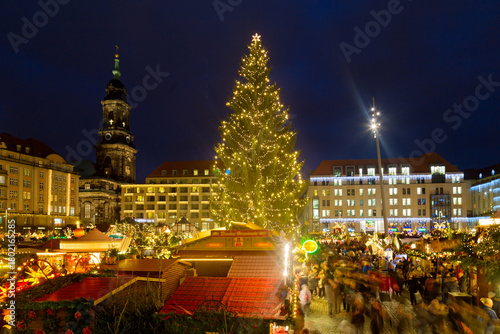 Panoramic view of the Striezelmarkt Christmas market in Dresden, Germany