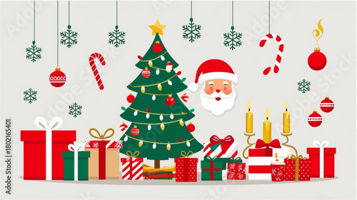 This is a festive, colorful illustration of Christmas decorations. The central element is a decorated Christmas tree topped with a star and adorned with lights and baubles. 