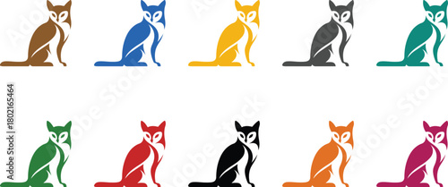 Sitting fox silhouettes in multiple colors animal, Colorful fox icon collection for design