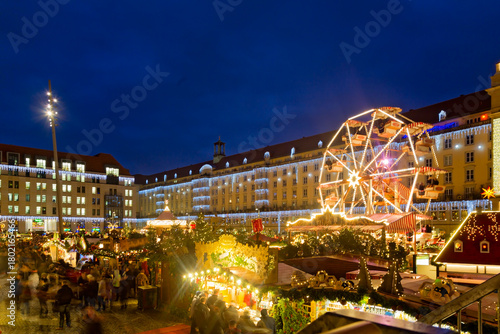 Panoramic view of the Striezelmarkt Christmas market in Dresden, Germany
