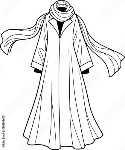 A line art illustration of a full-length garment with a scarf