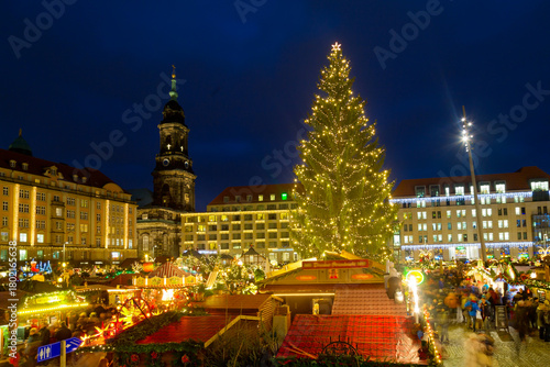 Panoramic view of the Striezelmarkt Christmas market in Dresden, Germany