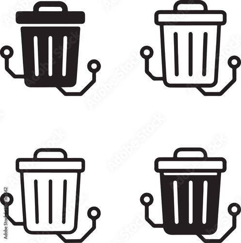 Isolated Trash Bin Circuit Icon Set, solid black delete bin icon, tech clean waste symbol, clean circuit lines, minimal outline filled thin stroke vector design, smart remove icon buyers