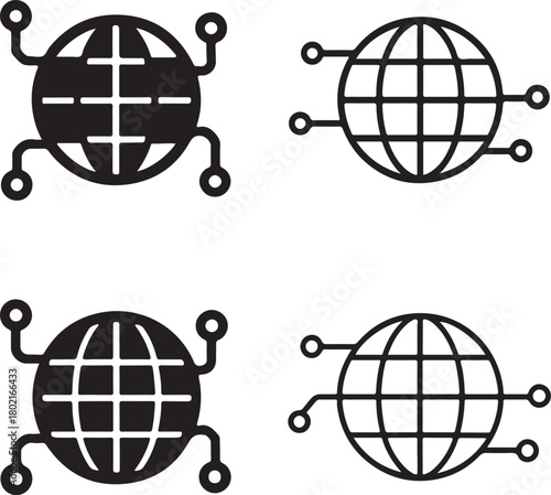 Isolated Globe Network Circuit Icons black vector set, globe, network, connection, digital globe, minimal circuit, thin stroke, tech network, smart chip, vector isolated for buyers