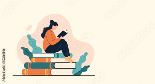 A young woman sits atop a stack of books, engrossed in reading, illustrating a love of literature and lifelong learning in a stylized illustration.