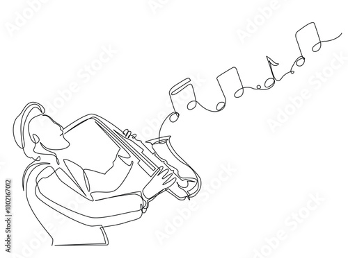 Continuous line art drawing of Man Playing Saxophone with note music coming out from the instrument. Editable stroke.