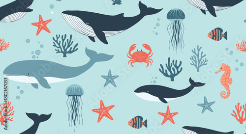 Seamless pattern featuring a variety of marine life including whales, jellyfish, starfish, coral, and small fish against a light blue background.