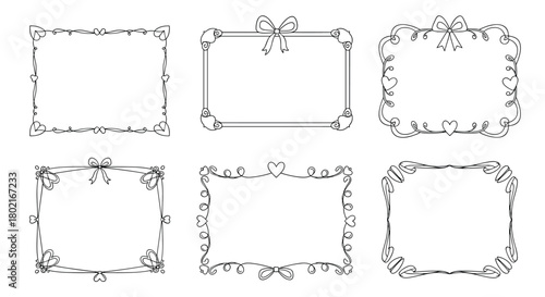Collection of six delicate hand-drawn rectangular frames with romantic embellishments like hearts, bows, and swirling lines, perfect for invitations or decorations.