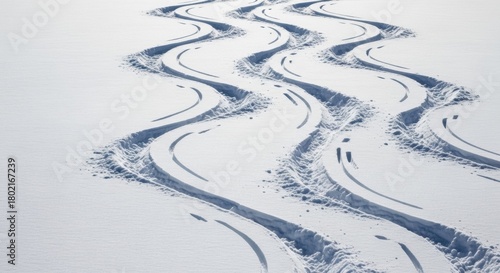 Winding Ski Tracks on a Snowy Slope, Winter, Mountain, Downhill