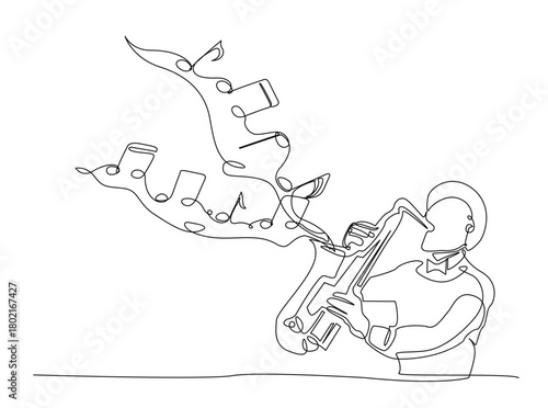 Continuous line art drawing of Man Playing Saxophone with note music coming out from the instrument. Editable stroke.