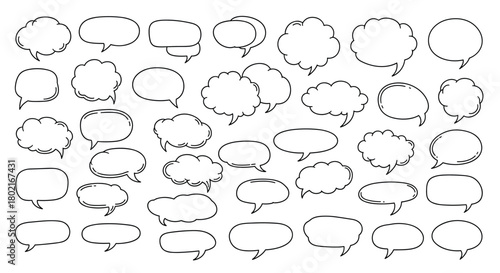 Collection of hand-drawn speech bubbles and thought clouds in varying shapes and sizes, perfect for comics, dialogue, or creative projects.
