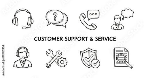 Hand drawn customer support icons with communication and service tools