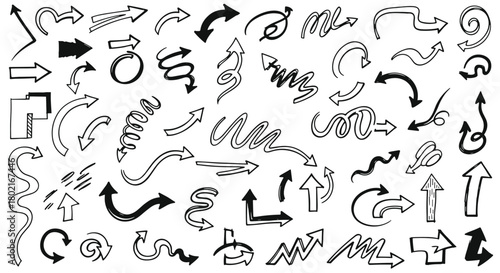 Collection of hand-drawn doodle arrows in various styles and directions, perfect for indicating flow, movement, or choices in design projects.