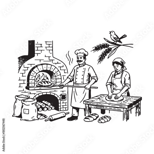 Traditional Bakery Scene with Chef and Woman Baking Bread.