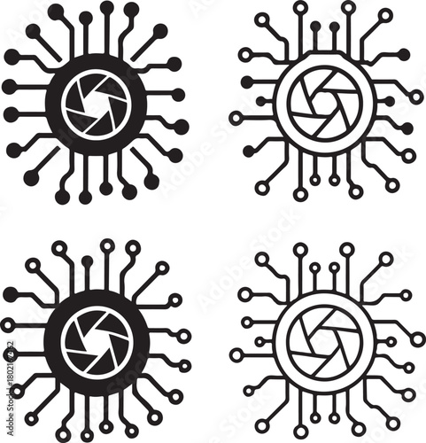 Isolated Camera Lens Circuit Icons black vector set, camera lens, photography, digital camera, minimal circuit, thin stroke, tech lens, smart chip, vector isolated for stock buyers