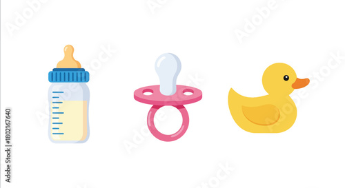 Baby essentials set: bottle, pacifier, and rubber duck icons for nursery themes