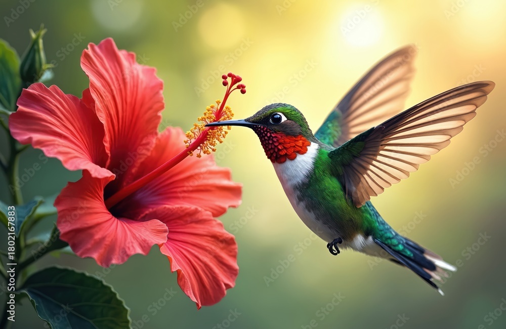 Fototapeta premium Small hummingbird hovers near a large red hibiscus flower. Tiny bird feeds on nectar from the vibrant bloom. Its wings flutter fast in sunlit garden habitat.