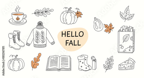 Charming autumn doodles featuring pumpkins, cozy sweaters, falling leaves, and warm beverages, perfect for seasonal designs and fall-themed illustrations.