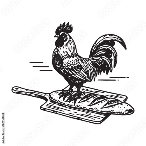 Vintage Rooster Standing on Baguette Bread and Cutting Board.