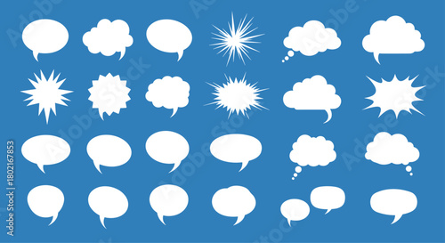 Collection of diverse white comic book speech bubbles and thought balloons against a solid blue background, ideal for graphic design and storytelling.