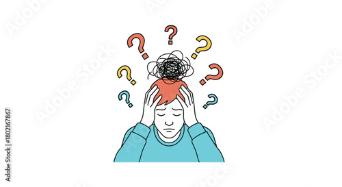 A frustrated person with their head in their hands, surrounded by question marks, illustrating confusion, stress, and overwhelming thoughts or problems.