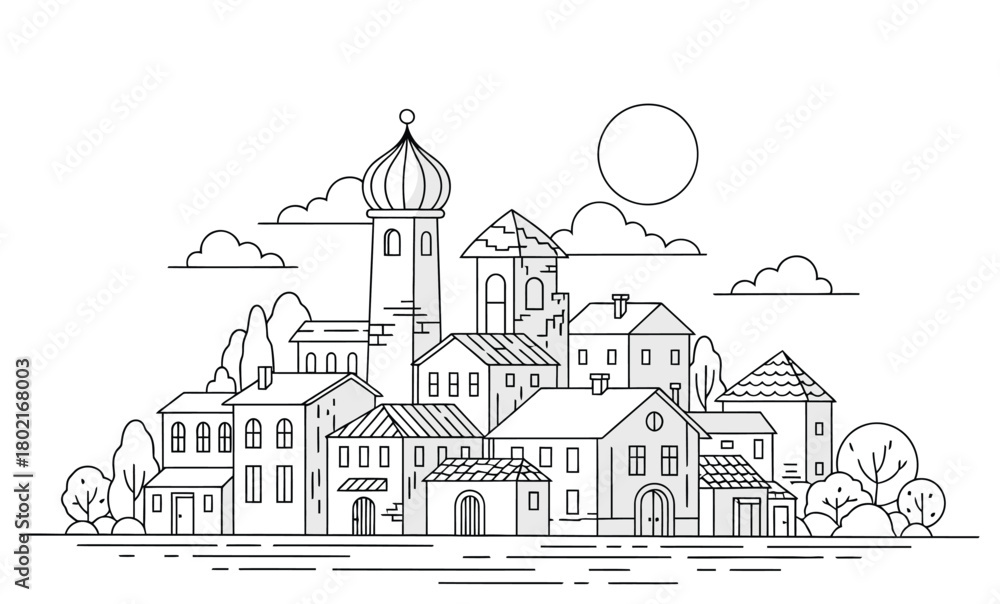 Fototapeta premium Townscape Line Art Illustration with Buildings and Sky
