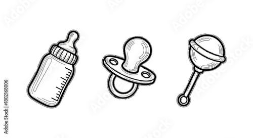 Hand drawn baby essentials set: bottle, pacifier, rattle design with vintage charm