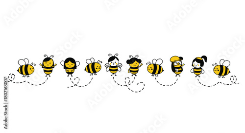 A cheerful line of cartoon bees with varying expressions and accessories are flying along dotted paths, creating a whimsical and playful illustration.