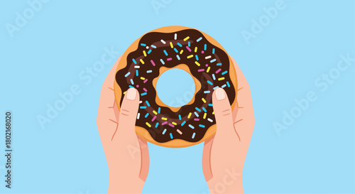 Hands holding a chocolate frosted donut covered in colorful sprinkles against a light blue background, a sweet treat illustration.