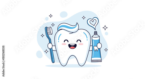 A cheerful cartoon tooth character happily holds a toothbrush in one hand and a tube of toothpaste in the other, promoting dental hygiene and care.