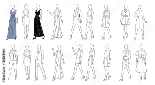 Fashion illustration of diverse women's clothing styles, including dresses, suits, and separates, presented as flat sketches for design and retail purposes.