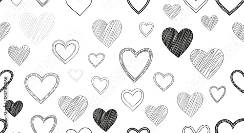 Seamless pattern of hand-drawn hearts in varying shades of gray and black, creating a delicate and romantic background for Valentine's Day or love-themed designs.
