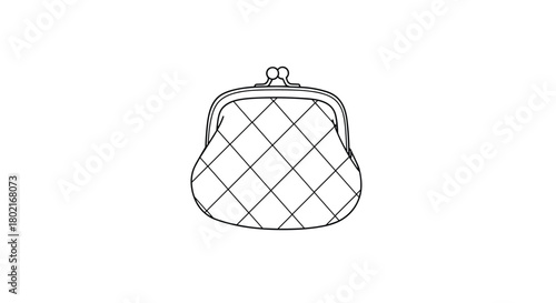 Detailed line drawing of a vintage style quilted coin purse with a metal clasp, isolated on a white background.