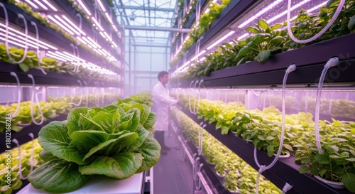 Vertical Farm with Racks of Lush Green Plants Under Purple LED Lights, Vertical farming, Hydroponics, Agriculture