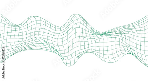 Abstract undulating green wireframe surface representing data flow, digital landscape, or wave motion, isolated on a white background.