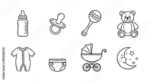 Adorable baby essentials in outline style: bottle, pacifier, rattle, teddy, onesie, diaper, stroller, moon