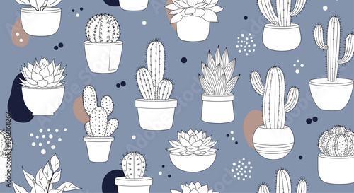 A seamless pattern featuring a variety of potted cacti and succulents in a minimalist line art style against a muted blue background.