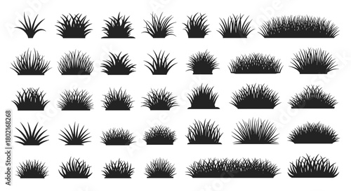 Collection of diverse black silhouette grass tufts and bushes, varying in shape, size, and density, ideal for landscape design and illustration.