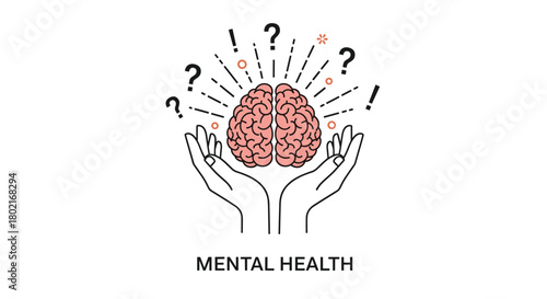 A conceptual illustration representing mental health, featuring cupped hands holding a brain with radiating question marks and exclamation points, symbolizing inquiry and awareness.