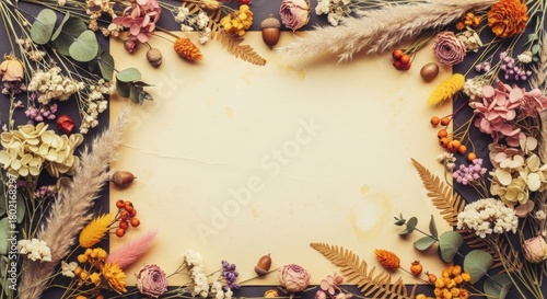 Dried Flowers and Autumnal Elements Border on Vintage Paper, Fall, Floral, Wreath
